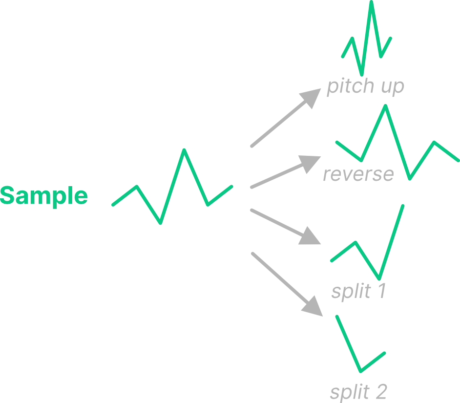 sample signal with descendants that have been pitched up, reversed, and split